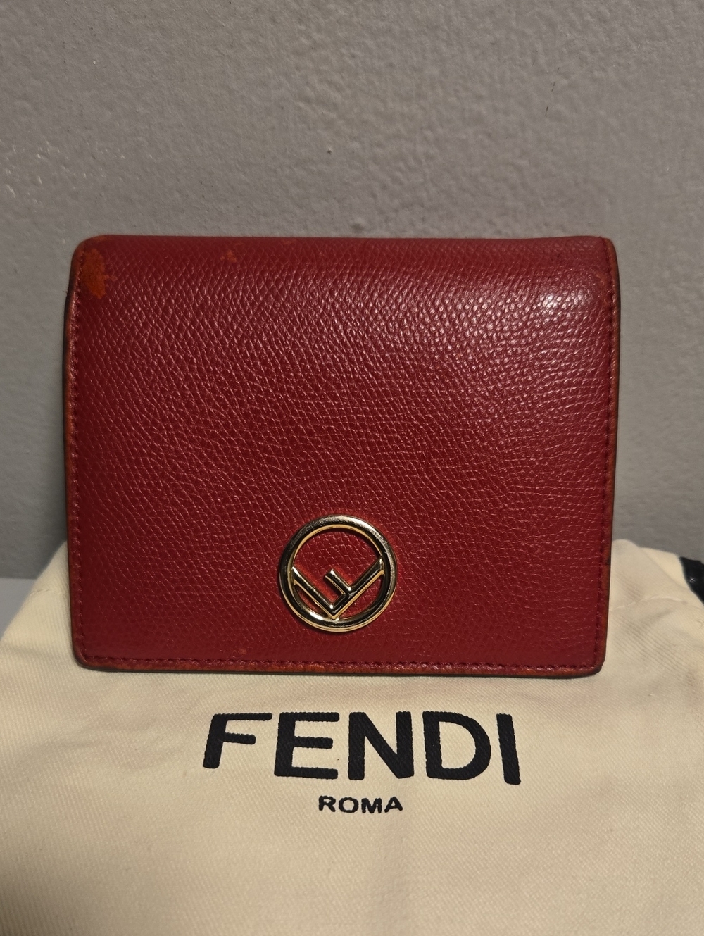 Fendi Red Burgundy Leather Fold Wallet with Gold Logo